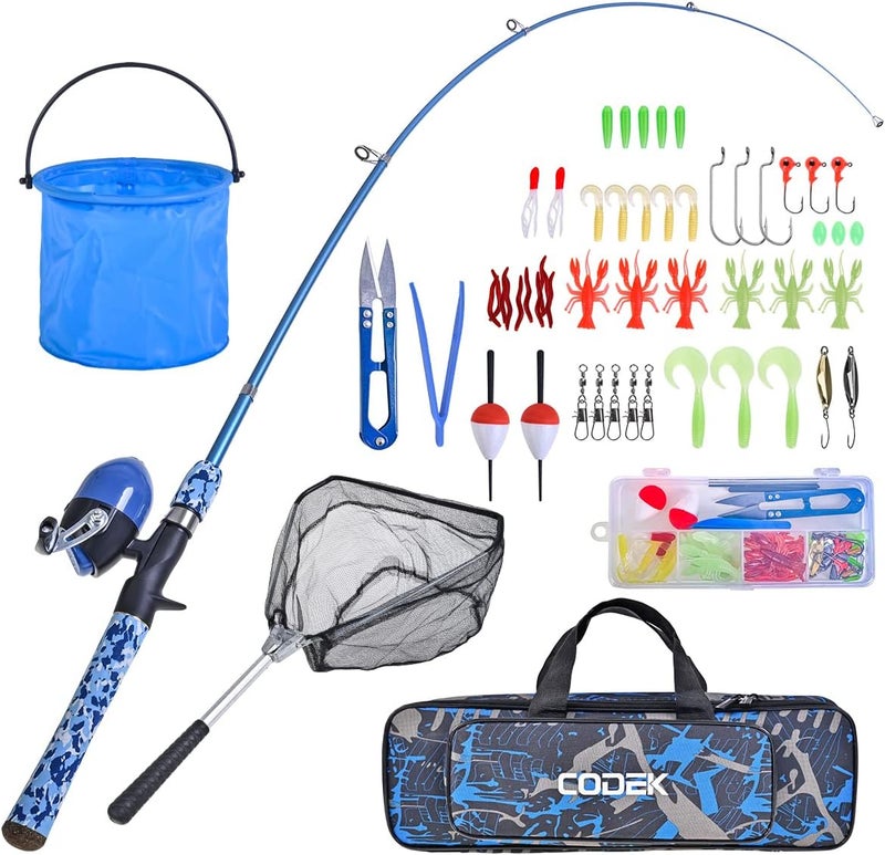 CODEK Kids Fishing Pole Set with Full Starter Kits 2 Set Portable Telescopic Fishing Rod and Spincast Reel Cambos with a Fishing Net and 2 Buckets for Boys Girls and Youth - Image 1